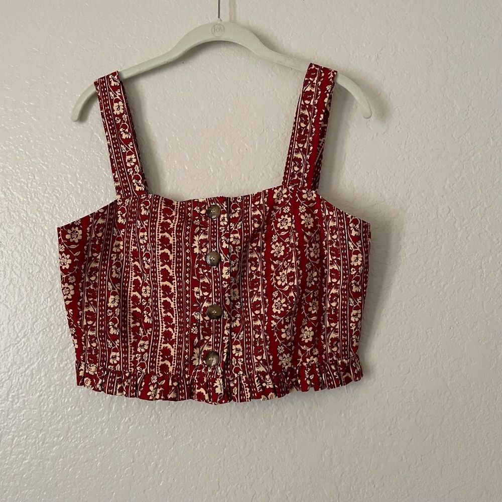 Sezane Red and Cream Floral Button-Front Crop Top